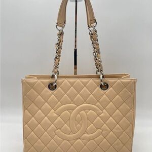 CHANEL GST Caviar Leather Tan Quilted Tote with Chain Straps